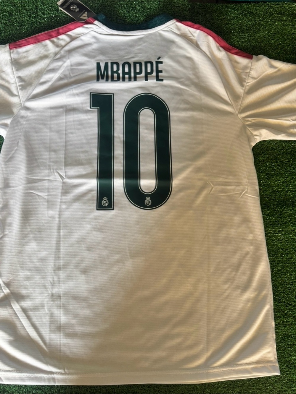 adidas White Soccer Jersey MBAPPÉ #10 with Dark Green and Pink Accents size Xl